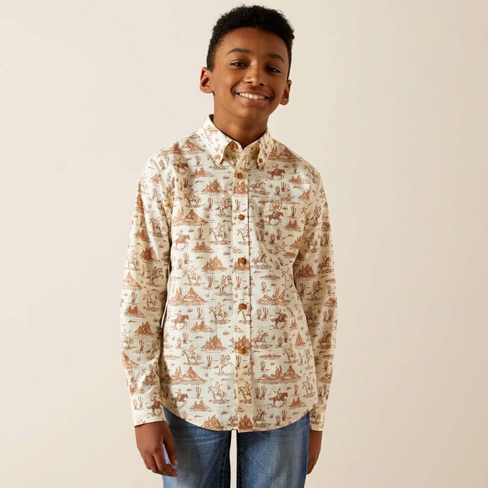 image of Boys' Button Down Long Sleeve Shirt, Cream