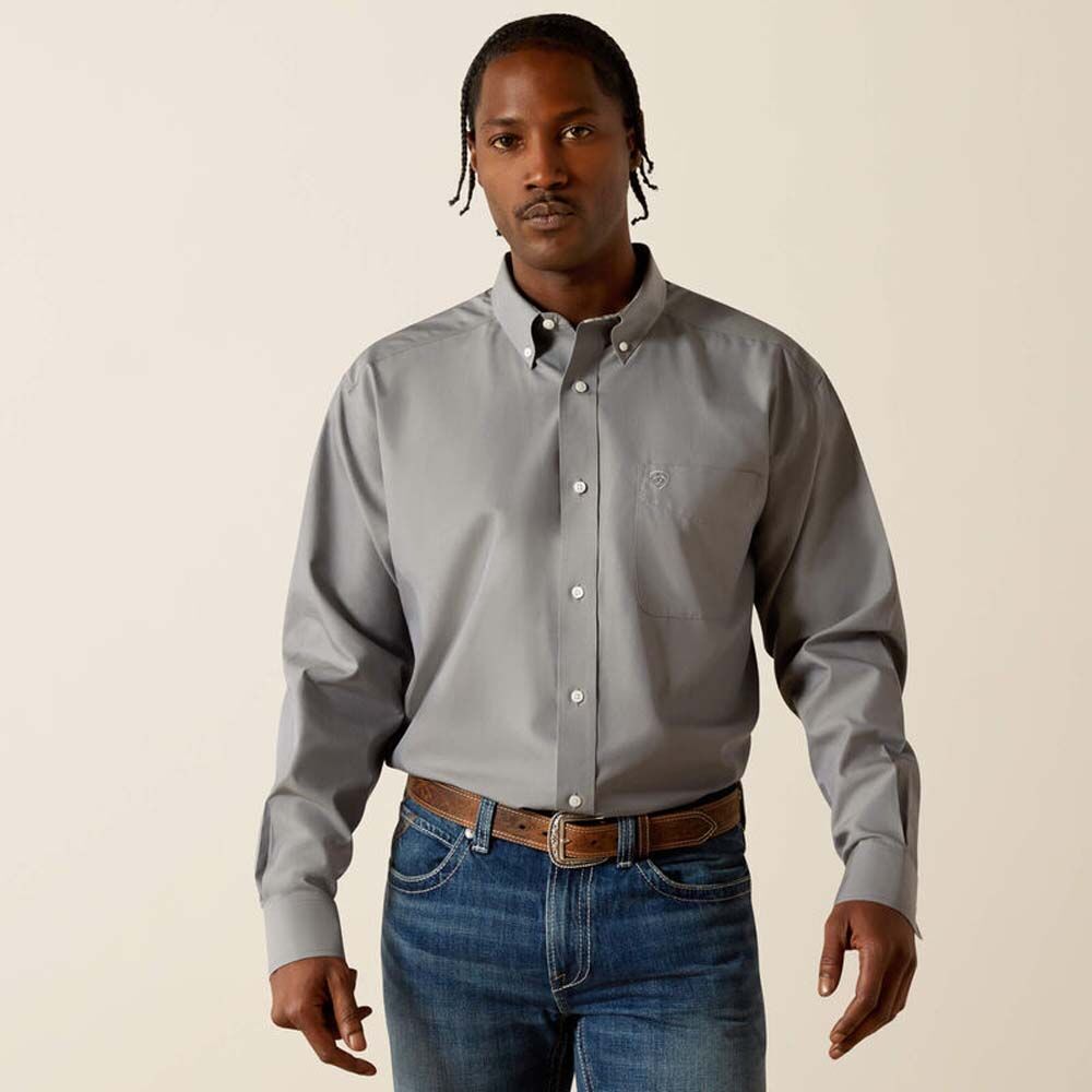 image of Men's Wrinkle Free Solid Pinpoint Oxford Classic Fit Long Sleeve Button Down Shirt, Gray