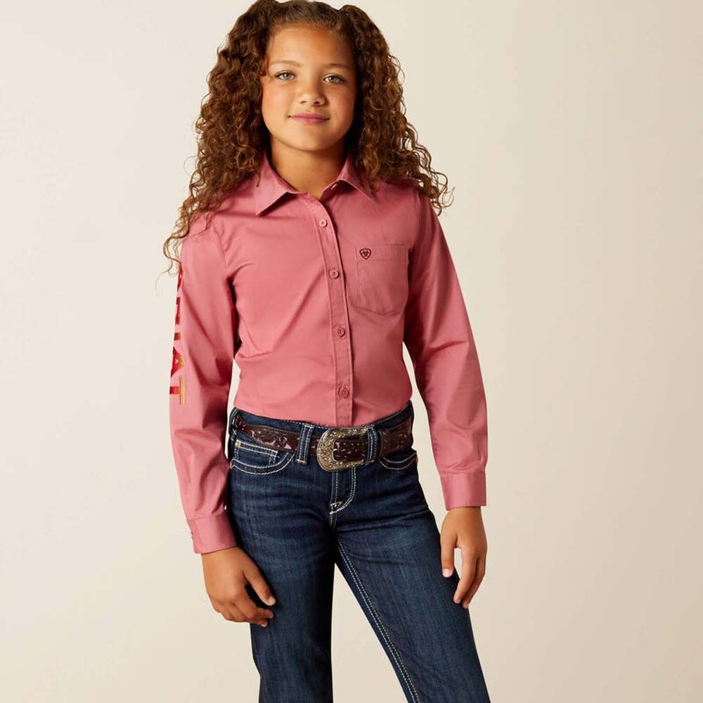 image of Girls' Button Down Long Sleeve Team Kirby Shirt, Mauvewood