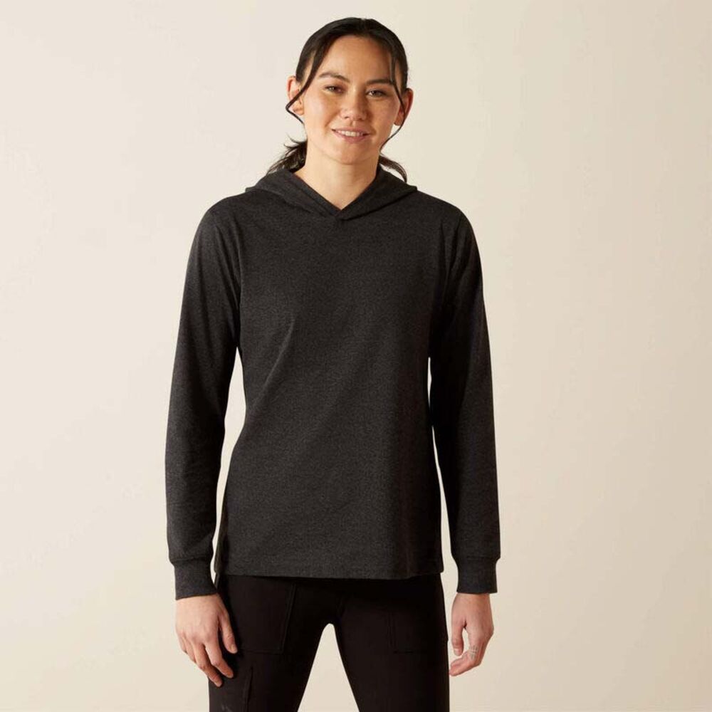 image of Women's Rebar Cotton Strong Hooded T-Shirt, Charcoal Heather