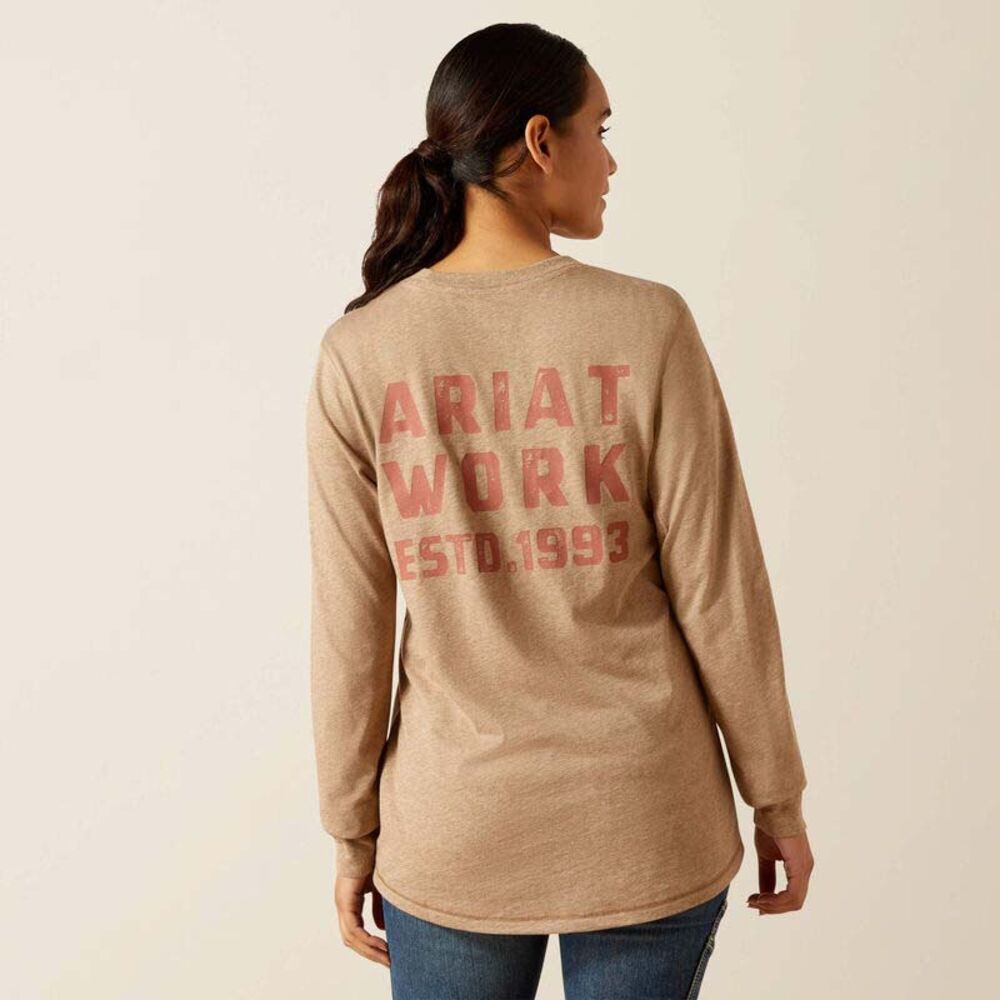 image of Women's Rebar Workman EST 1993 Long Sleeve T-Shirt, Rebar Kahki Oatmeal Heather