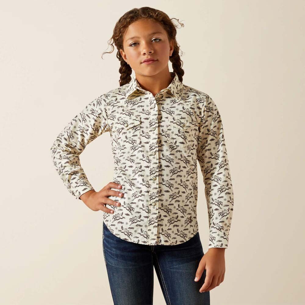 image of Girls' Snap Button Long Sleeve Shirt, Bucking Horse Print
