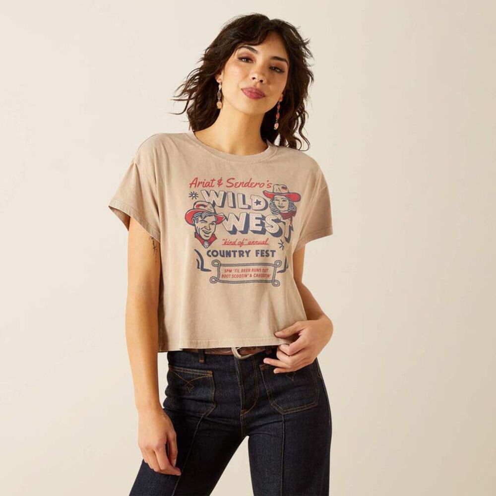 image of Women's Sendero x Ariat Wild West Country Fest T-Shirt, Savannah Tan Mineral Wash