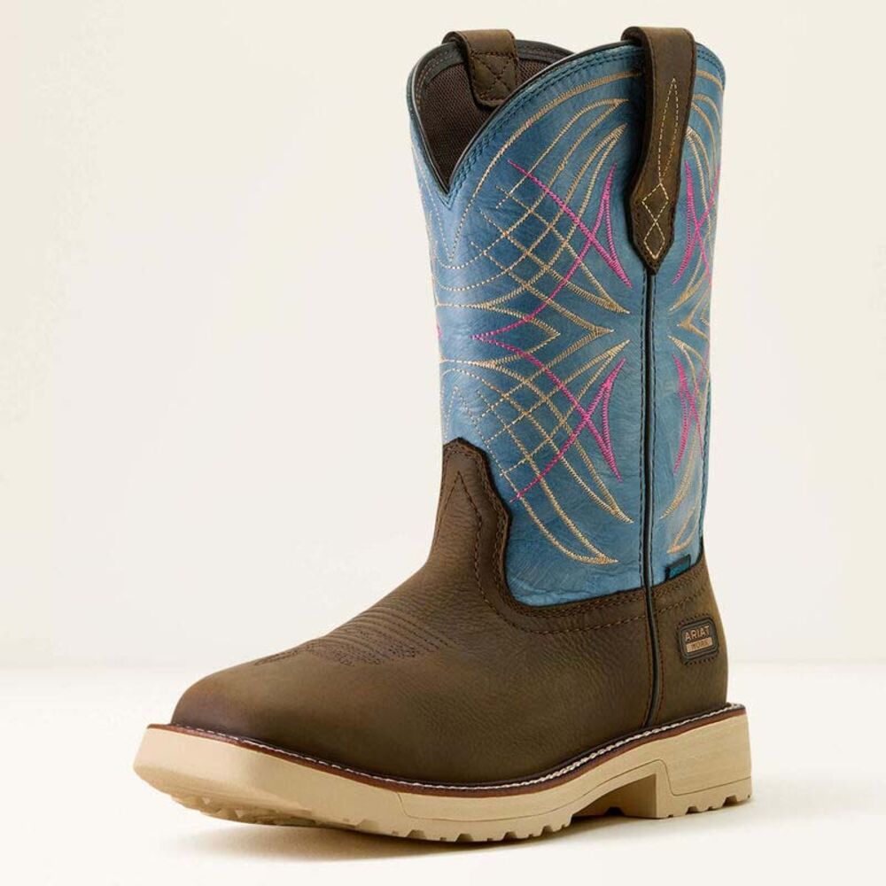 image of Women's Activator Waterproof Wide Square Toe Work Boot, Dark Brown/ Stone Blue