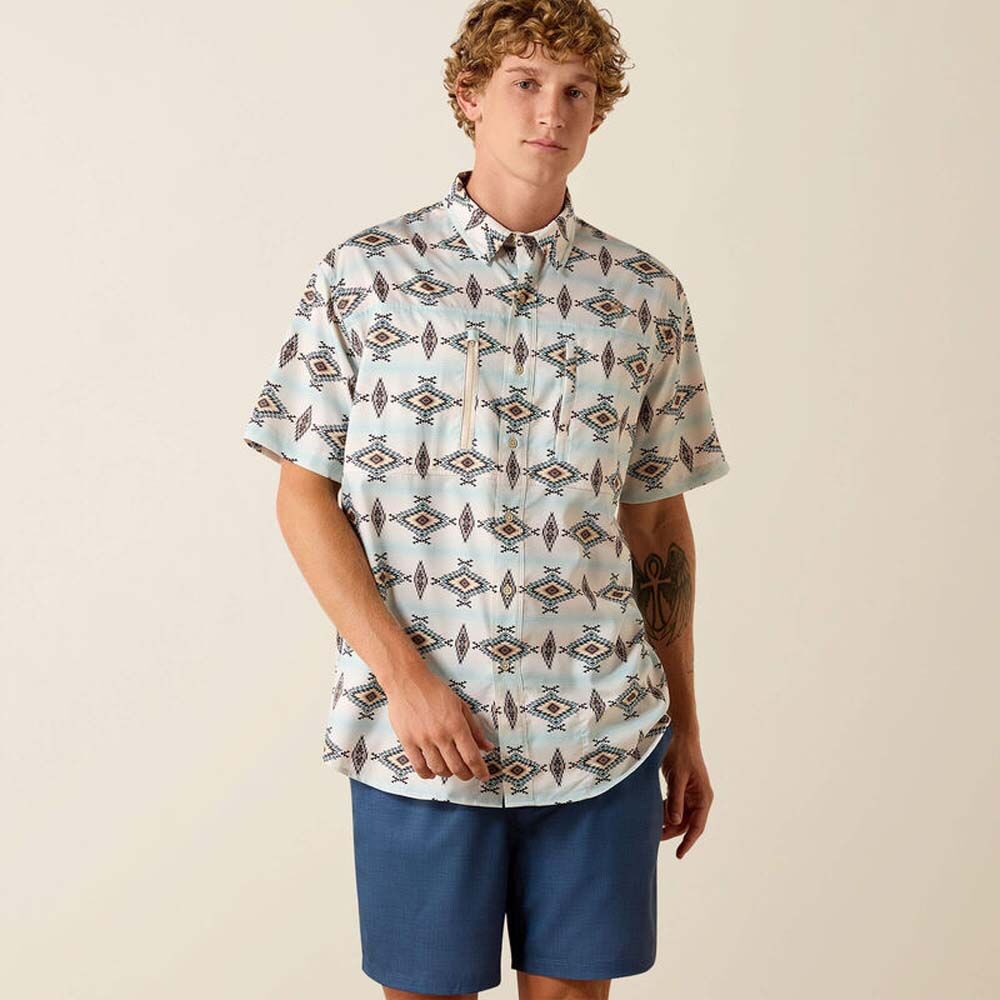 image of Men's Printed VentTEK Classic Fit Button Down Short Sleeve Shirt, Off White