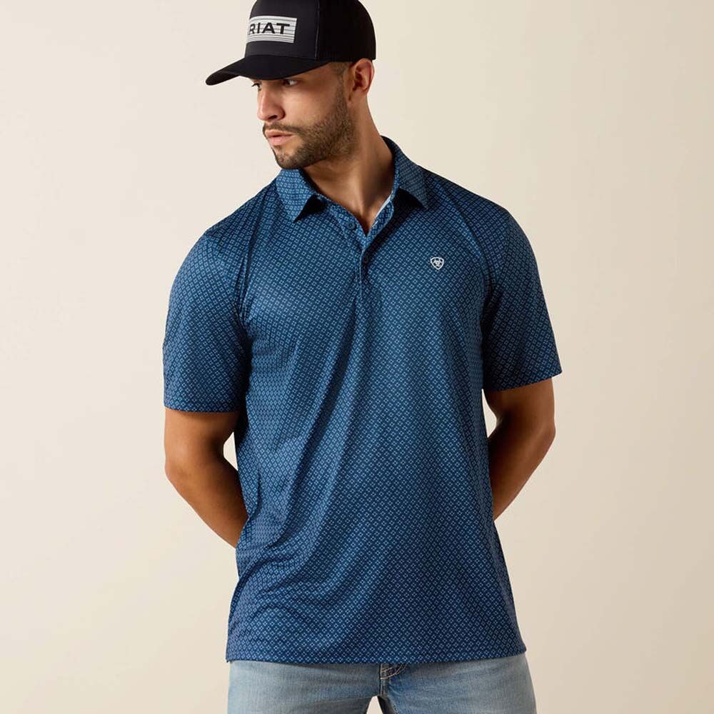 image of Men's All Over Print Classic Fit Polo, Dark Denim Medallion Print
