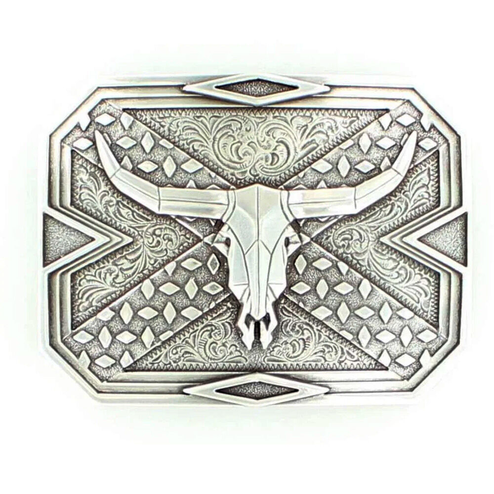 image of Men's Rectangle Plate Steer Skull Belt Buckle