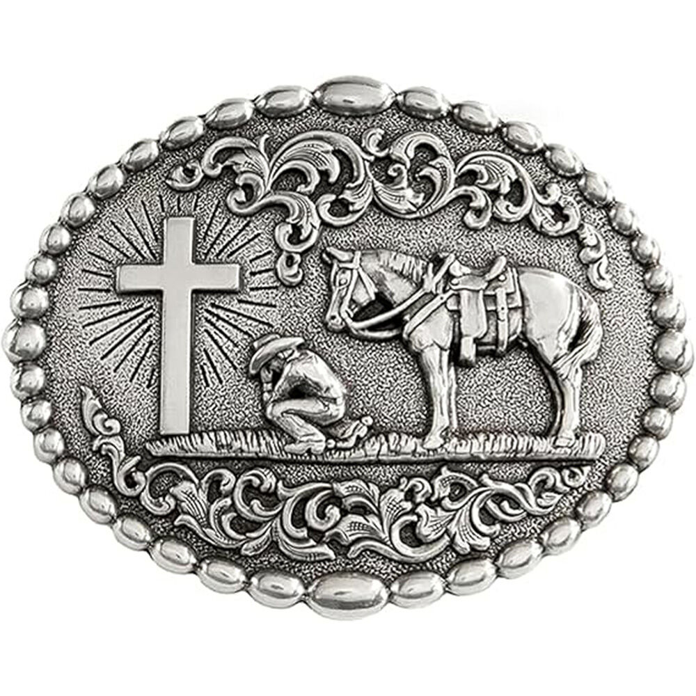 image of Men's Silver Oval Praying Cowboy Belt Buckle