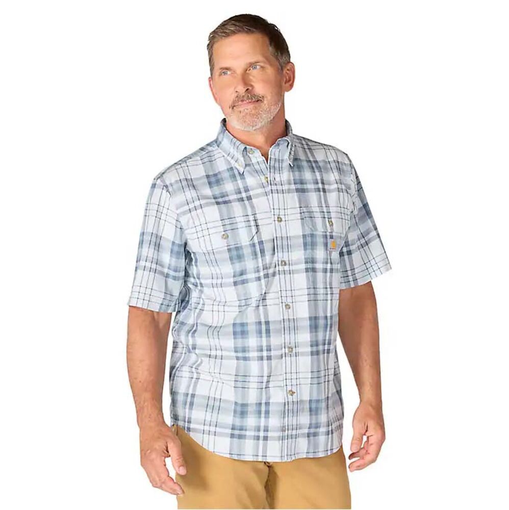 image of Men's Fort Loose Plaid Button Down Short Sleeve Shirt, Blue Aura