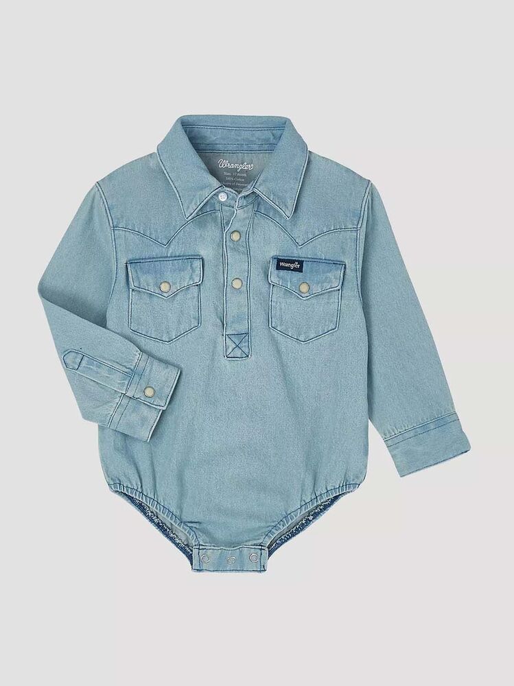 image of Boy's Long Sleeve Denim Western Snap Button Body Suit, Faded Blue