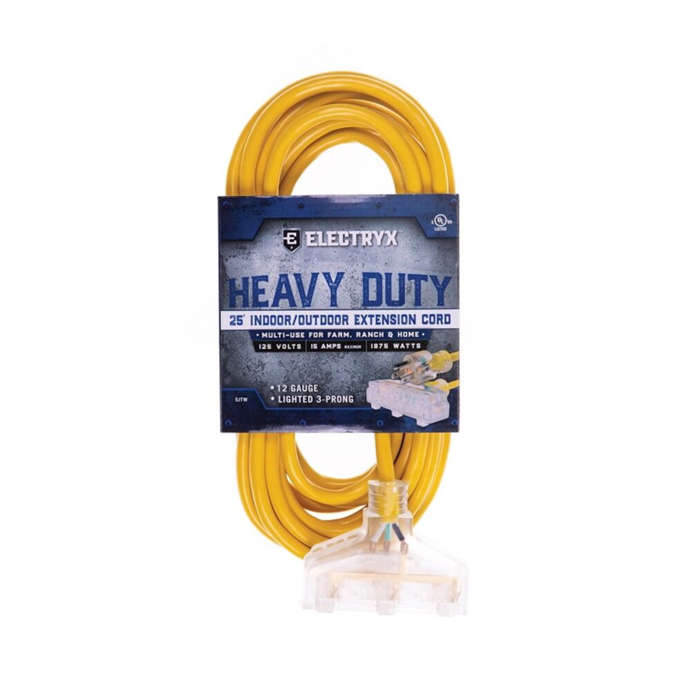 image of 25' Heavy Duty Indoor/Outdoor 3 Plug Extension Cord - 12 Gauge, Yellow