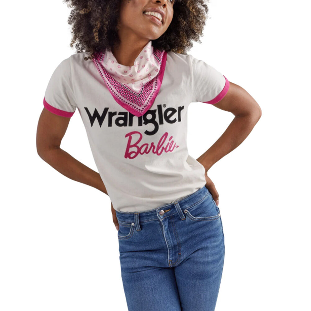 image of Women's Barbie Logo Slim Ringer Short Sleeve Graphic T-Shirt