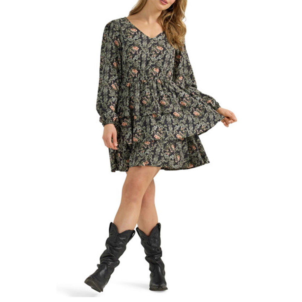 image of Women's Tiered Long Sleeve Dress- Rose Black