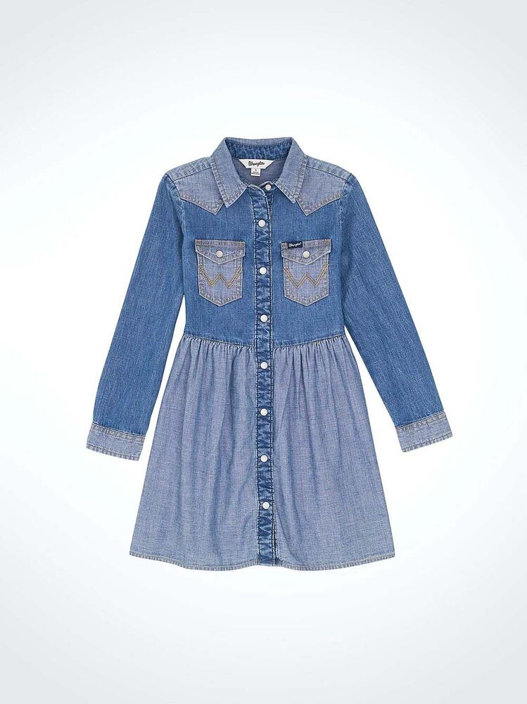 image of Girl's Long Sleeve Snap Button Dress, Denim