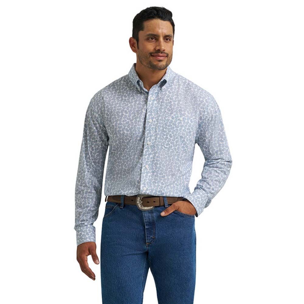 image of Men's Classic Button Down Long Sleeve Shirt, White and Blue
