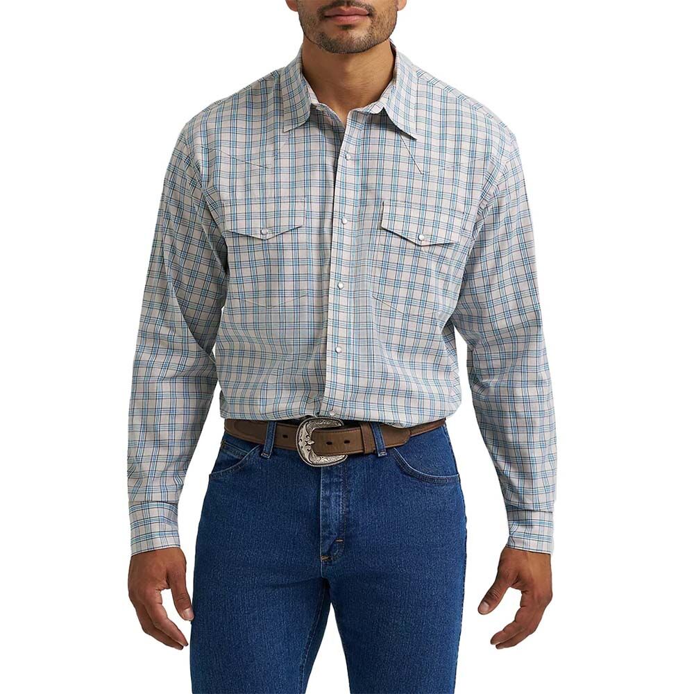 image of Men's Pearl Snap Long Sleeve Shirt, Tan and Turquoise