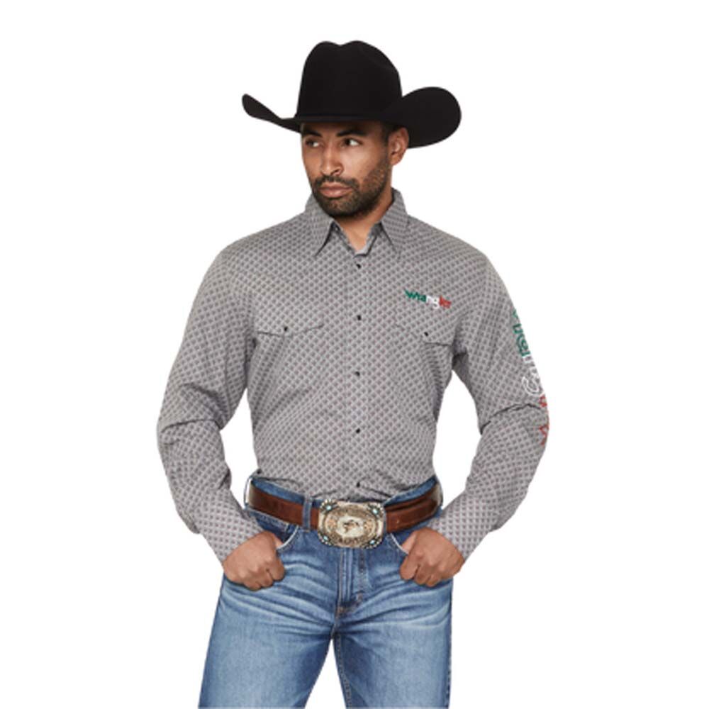 image of Men's Mexico Logo Geo Print Snap Button Long Sleeve, Gray