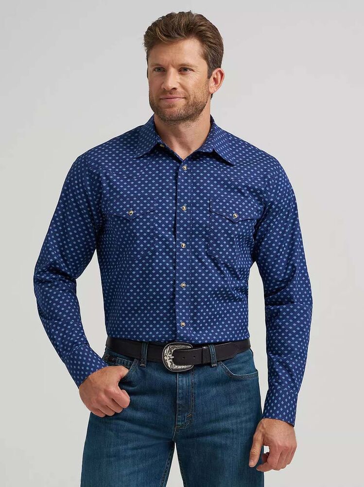 image of Men's 20X Competition Advanced Comfort Snap Button Long Sleeve Shirt, Dark Blue Ditsy