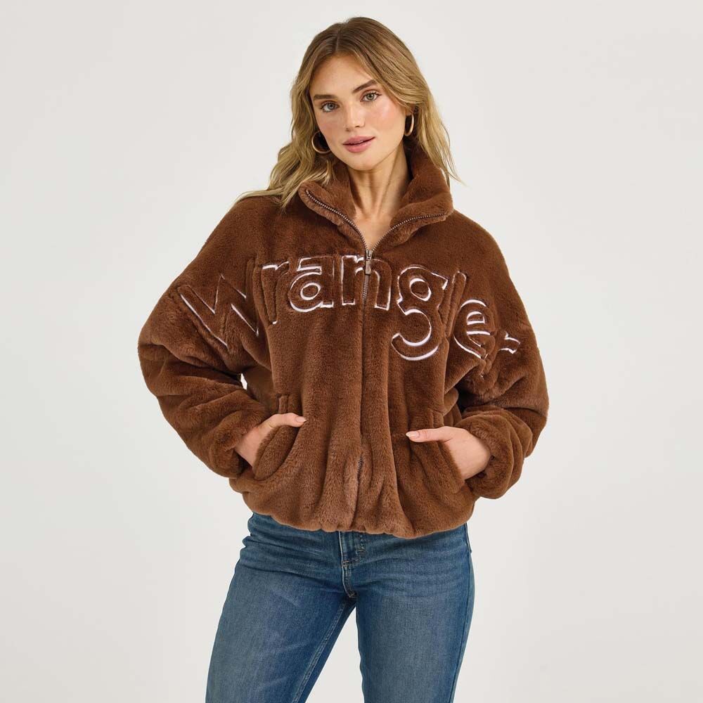 image of Women's Retro Logo Fur Jacket, Teddy Brown