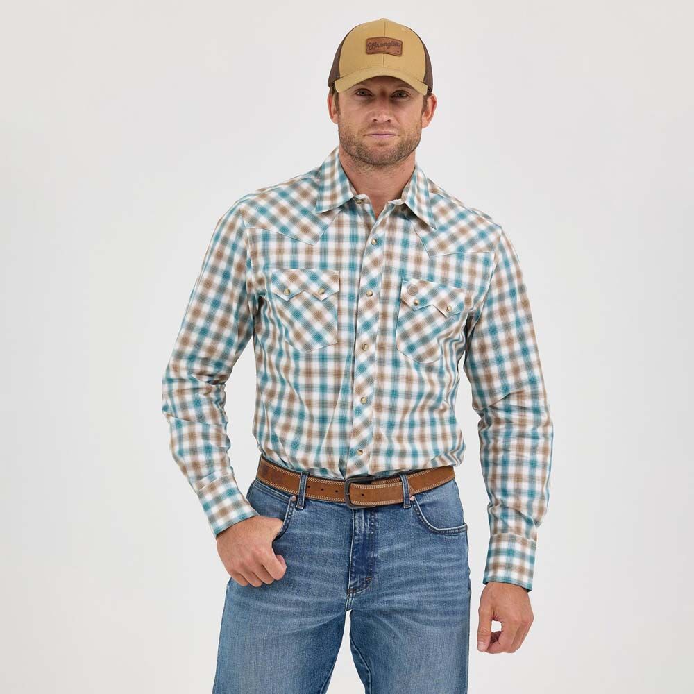 image of Men's Retro Plaid Snap Button Long Sleeve, Turquiose and Wine