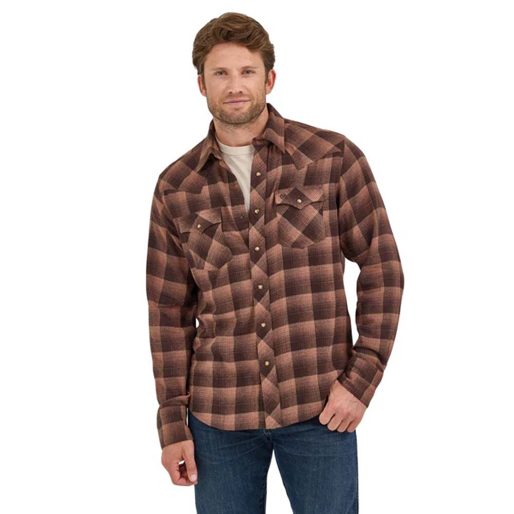 image of Men's Retro Plaid Snap Button Long Sleeve, Brown