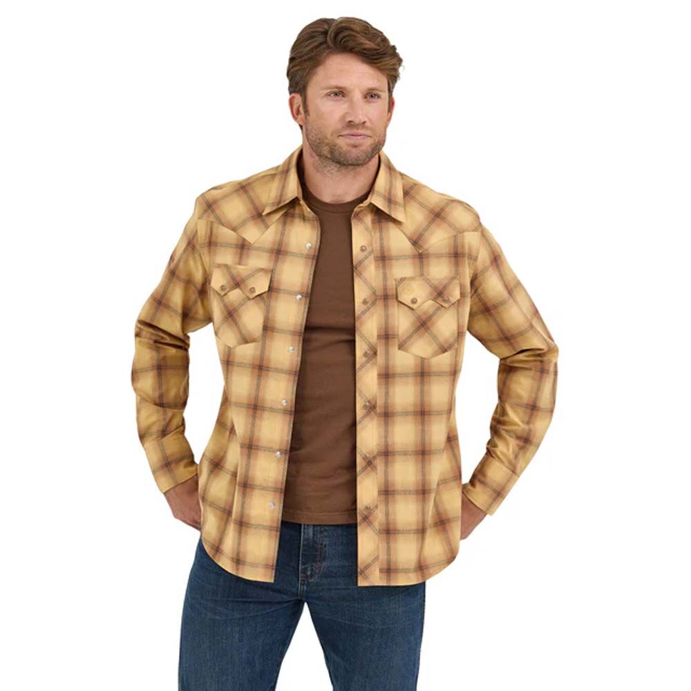 image of Men's Retro Plaid Snap Button Long Sleeve, Curry