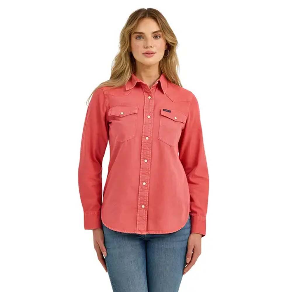 image of Women's Snap Button Long Sleeve Shirt, Coral