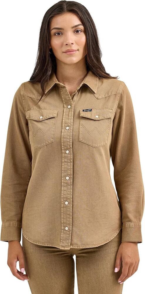 image of Women's Snap Button Long Sleeve Shirt, Brown