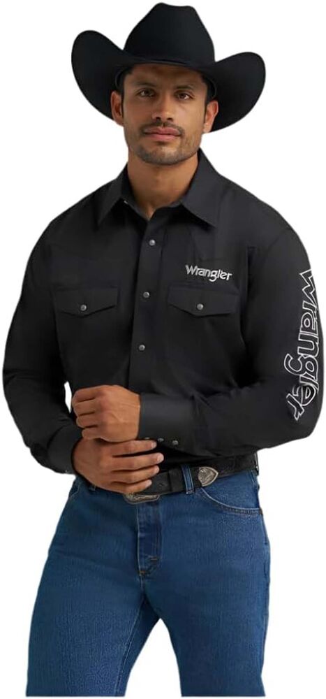 image of Men's Logo Snap Button Long Sleeve Shirt, Black