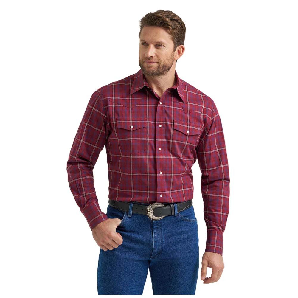 image of Men's Wrinkle Resist Snap Button Long Sleeve Shirt, Burgundy