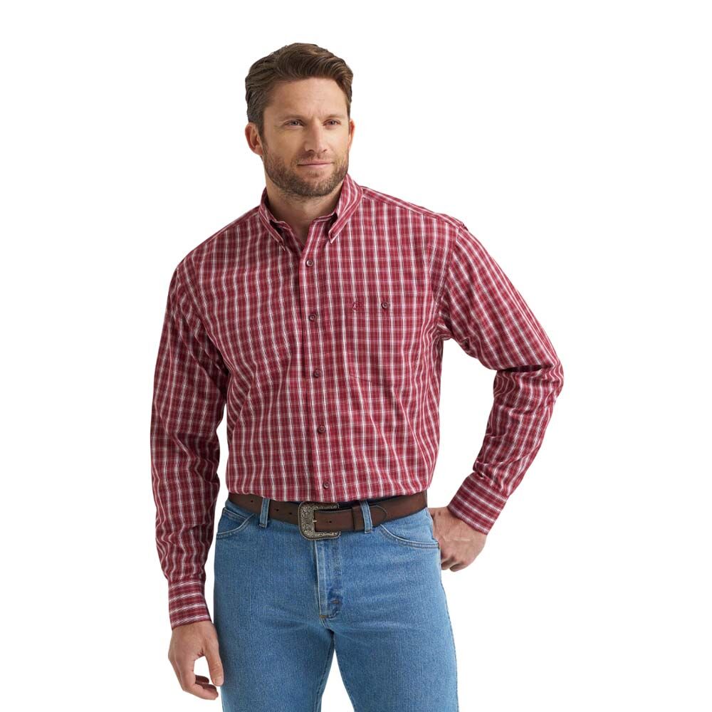 image of Men's Button Down Long Sleeve Shirt, Plaid Burgundy