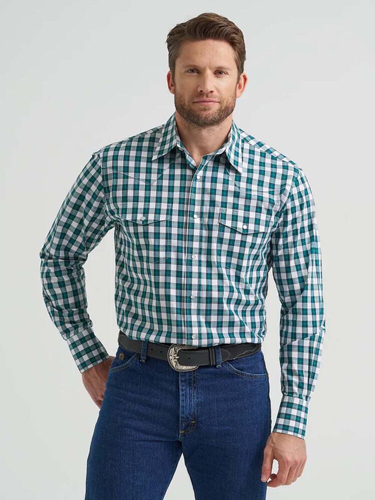 image of Men's Wrinkle Resist Snap Button Long Sleeve Shirt, Teal Plaid