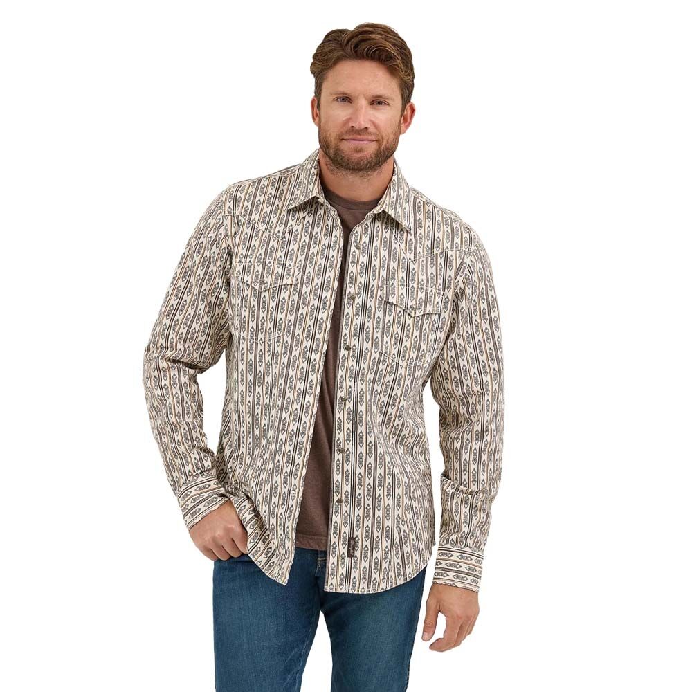 image of Men's Retro Snap Button Long Sleeve Shirt, Ecru