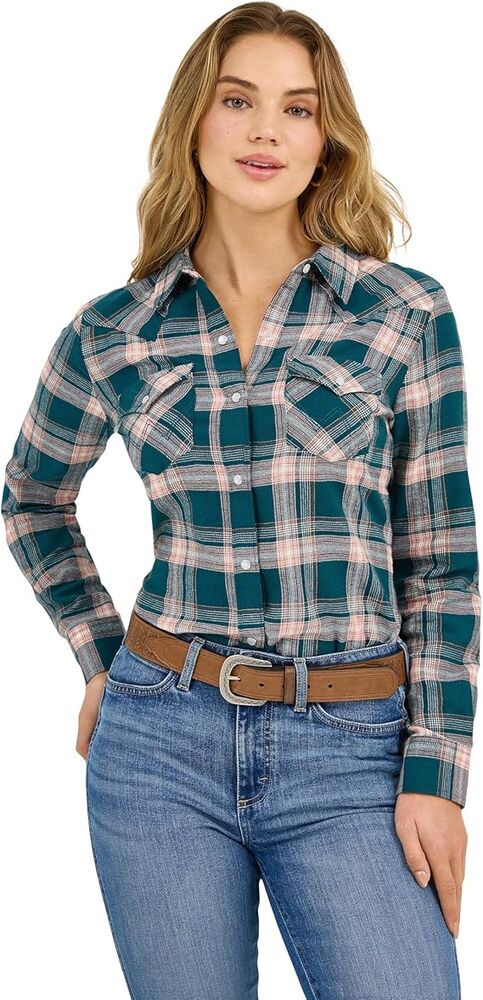 image of Women's Retro Snap Button Long Sleeve Shirt, Green