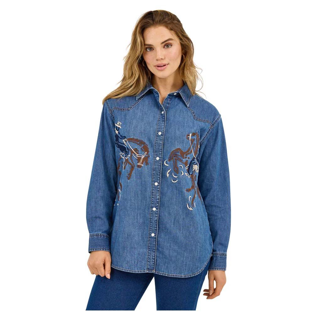 image of Women's Snap Button Long Sleeve Shirt, Embroidered Denim