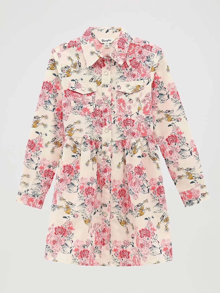 image of Girl's Long Sleeve Snap Button Dress, White