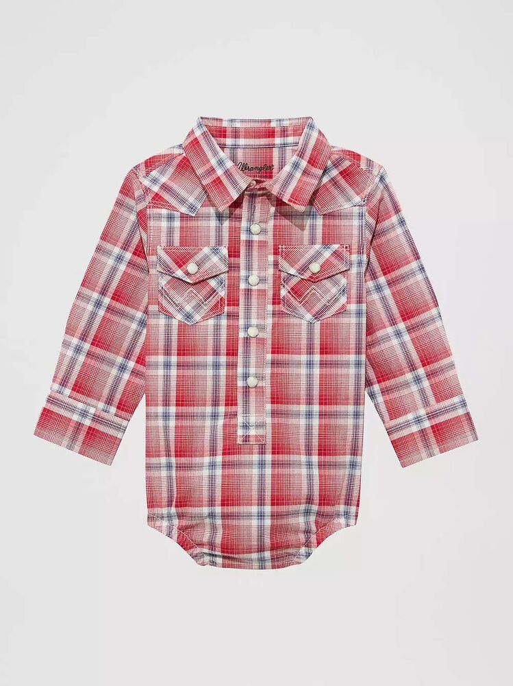image of Boy's Long Sleeve Denim Western Snap Button Body Suit, Red Vermilion