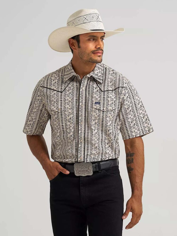 image of Men's Vintage-Inspired Piped Snap Button Short Sleeve Shirt, Ecru
