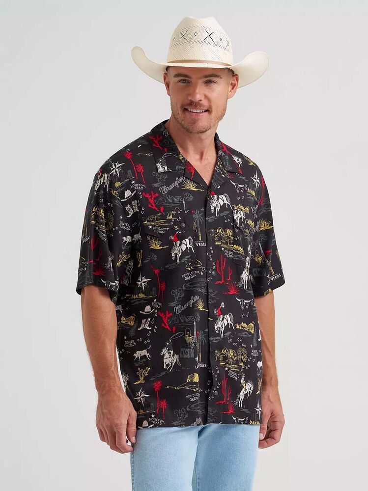 image of Men's Snap Button Short Sleeve Camp Shirt, Black Stallion
