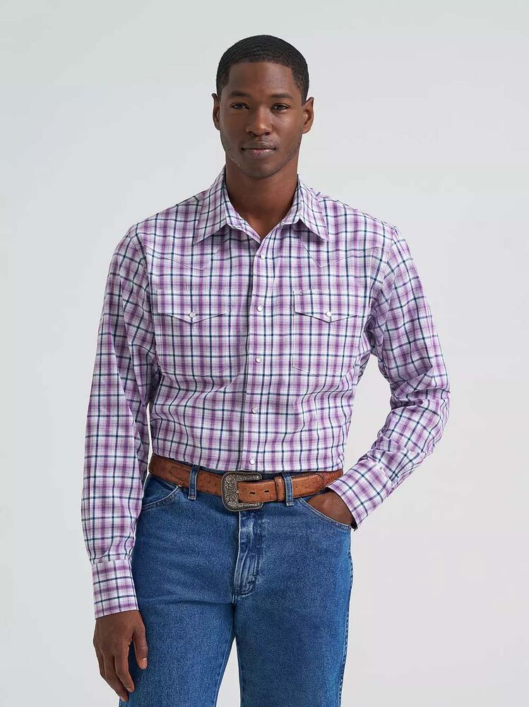 image of Men's Wrinkle Resist Snap Button Long Sleve Shirt, Violet