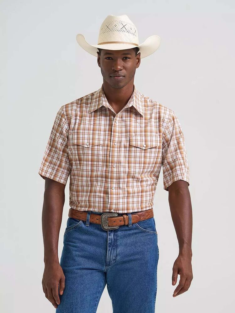 image of Men's Wrinkle Resist Snap Button Long Sleve Shirt, Hay Brown