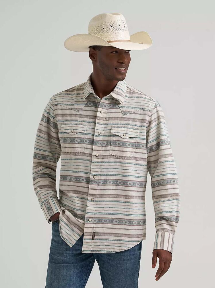 image of Men's Retro Snap Button Long Sleeve Shirt, Neutral Serape