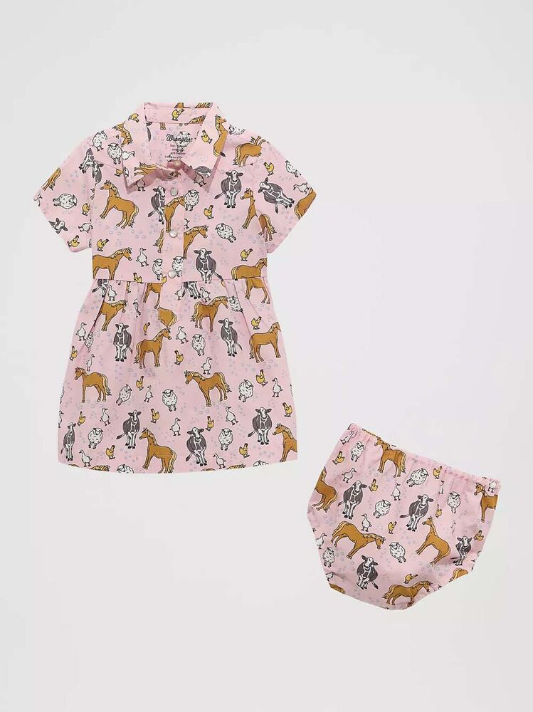 image of Girl's Short Sleeve Dress and Bloomers, Pink Horses