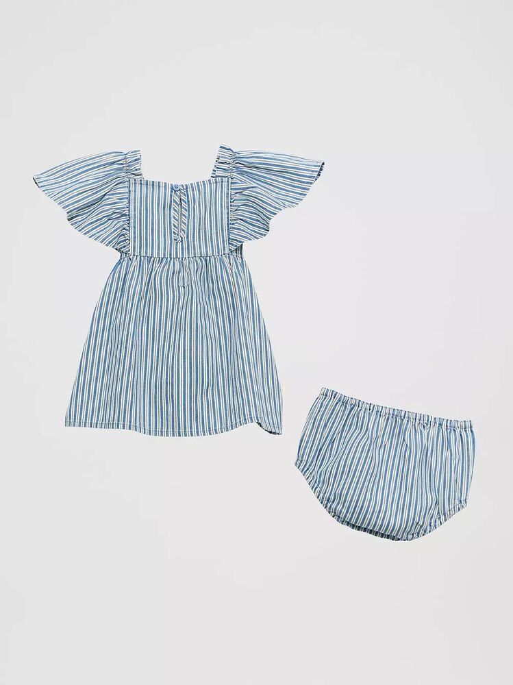 image of Girl's Flutter Sleeve Dress and Bloomers, Blue Stripe