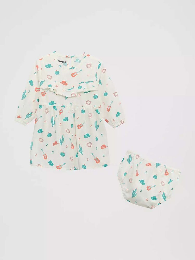 image of Girl's Long Sleeve Ruffle Dress and Bloomers, Cacti Scattered
