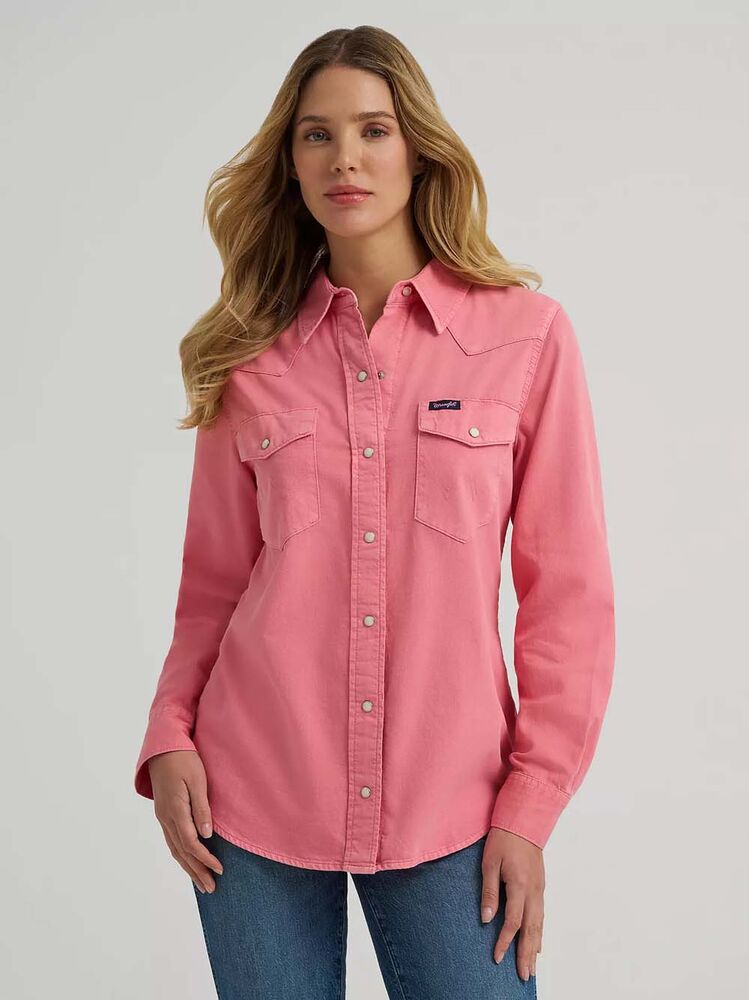 image of Women's Colorwash Iconic Snap Button Long Sleeve Shirt, Salmon