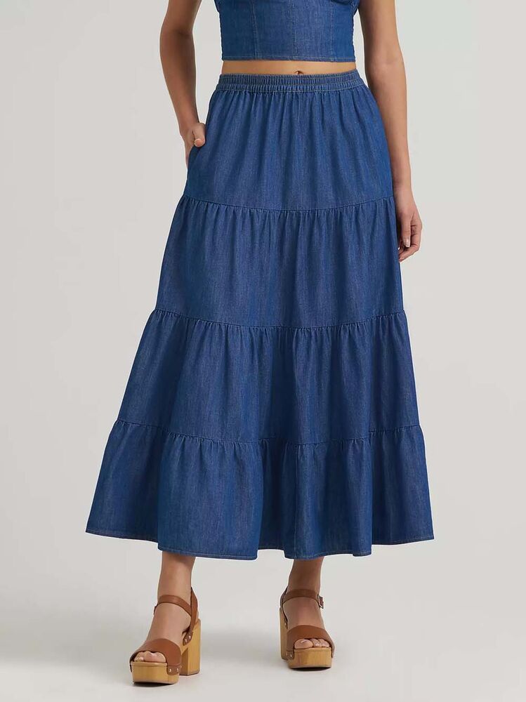 image of Women's Tiered Maxi Skirt, Denim