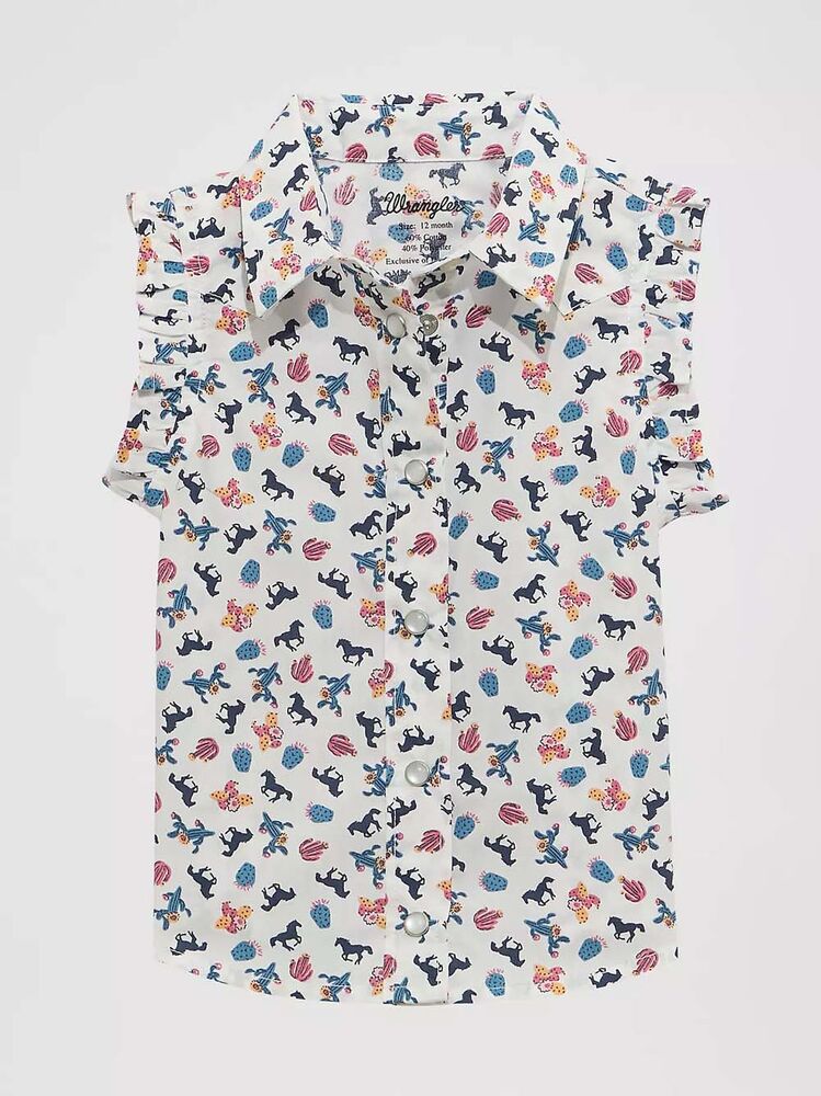 image of Girl's Ruffle Snap Button Western Sleeveless Shirt, White