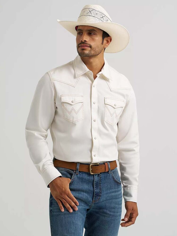 image of Men's Retro Snap Button Long Sleeve Shirt, Egret