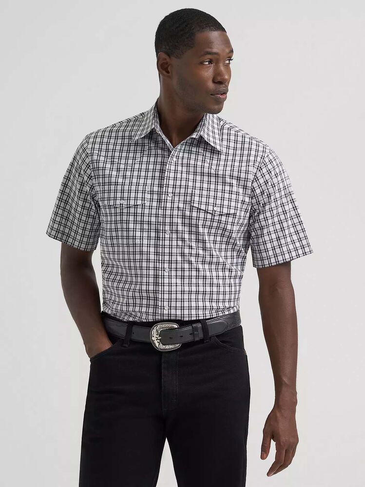 image of Men's Wrinkle Resist Western Snap Button Short Sleeve Shirt, Black Window